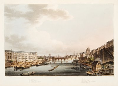 Louvre; Pont Neuf; College of the 4 Nations; Voltaires Quay, ilustrace z Versailles, Paříž a Saint Denis, hospoda. 1805 (akvatinta) od John Claude after Nattes