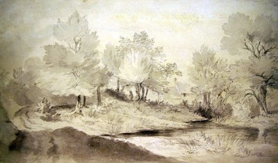 Suffolk Pond, s chatkami v dálce (tužka a mytí na papíře) od John Constable