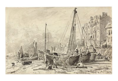 Rybářské lodě na pláži s rybáři opravujícími sítě na pláži v Brightonu, při pohledu na západ, kolem 1824-28 od John Constable