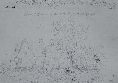 Chata v Holtonu s kostelem v pozadí (pero a inkoust na papíře) od John Constable