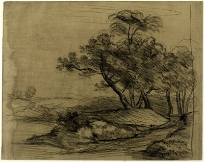 Břeh řeky se stromy (recto); stádo dobytka pod stromy, s vloženým náčrtem krajiny (verso) od John Constable