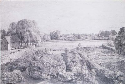 Pohled na východní Bergholt přes kuchyňskou zahradu Goldinga, dům konstábla od John Constable