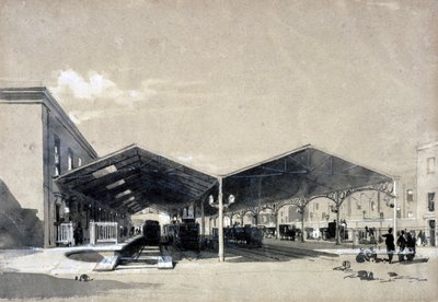 Interiér stanice Euston, květen 1837 (pero, inkoust a mytí na papíře) od John Cooke Bourne