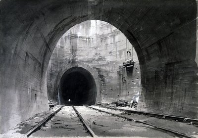Skvělá ventilační šachta, Kilsby Tunnel, Northamptonshire, 1837-38 (pero a inkoust a mytí na papíře) od John Cooke Bourne