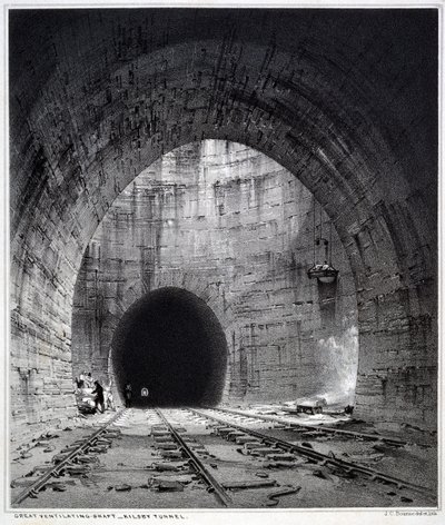 Skvělá ventilační šachta, Kilsby Tunnel, Northamptonshire, 1838 (pero a inkoust a mytí na papíře) od John Cooke Bourne