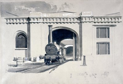 Locomotive Engine House, Camden Town, 1839 (pero, inkoust a mytí na papíře) od John Cooke Bourne