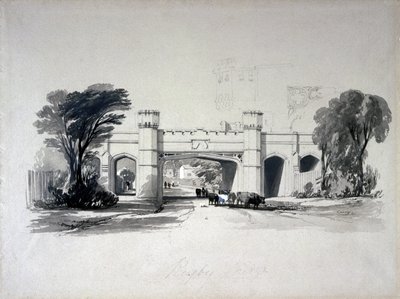 Ragbyové železniční mosty při pohledu ze silnice, Warwickshire, duben 1839 (pero, inkoust a mytí na papíře) od John Cooke Bourne