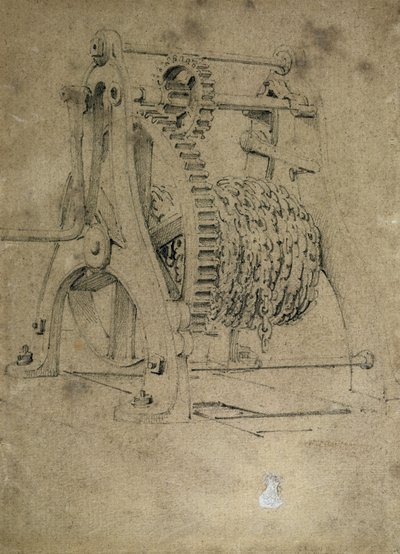 Naviják nebo krabí mechanismus pro navíjení řetězů, 30. léta 19. století (pero a inkoust a mytí na papíře) od John Cooke Bourne