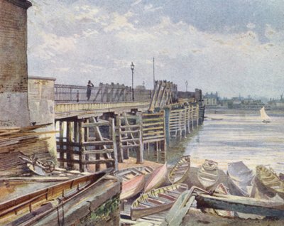 Ztracený Londýn: Starý most Battersea, ze severního břehu (barevná litografie) od John Crowther