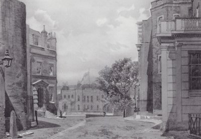 Ztracený Londýn: Whitehall Yard, Vanbrughův dům v pozadí (litografie) od John Crowther