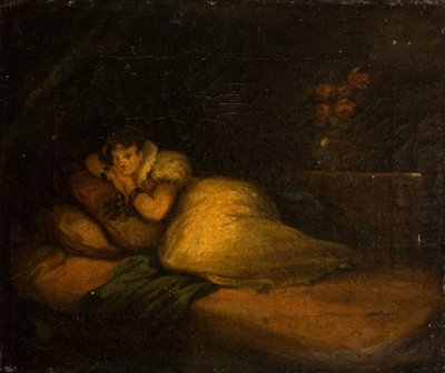 Interiér se ženou na posteli, 1780. od John Daniel Bond