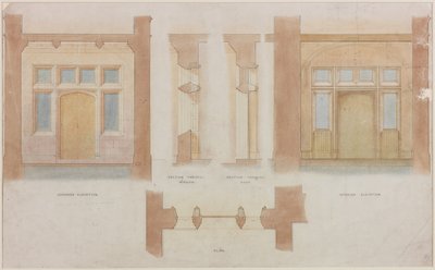 Pohled, řez a půdorys hlavního vchodu do Holme Eden (tuš a akvarel na papíře (na papíře)) od John Dobson