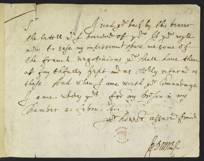 Cotton Julius C. III, f.153 Autogramový dopis Johna Donna Siru Robertu Cottonovi, psaný z vězení, 20. února 1601 (inkoust na papíře) od John Donne