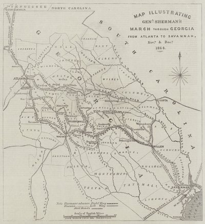 Mapa znázorňující pochod generála Shermana přes Georgii z Atlanty do Savannah, listopad a prosinec 1864 od John Dower