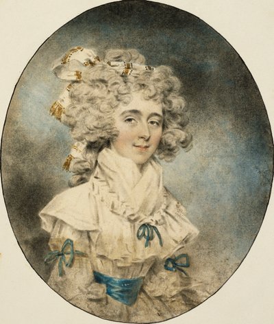 Portrét paní Fisherové, poloviční délka, v bílých šatech zdobených modrými stuhami, 1788 od John Dowman