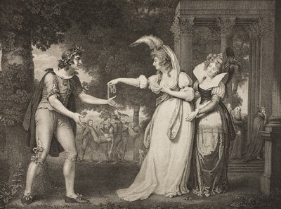 Trávník před vévodským palácem, dějství I, scéna II, z „Jak se vám líbí“, z galerie Boydell Shakespeare, vydané koncem 19. století od John Downman