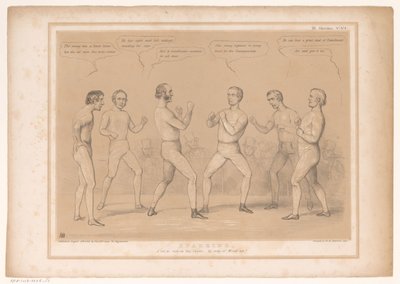 Spotprent se setkal s lordem Bentinckem a lordem Lyndhurstem v een bokswedstrijd Sparing. A Set to, bez rukavic, cestou Wind-up! (název na objektu) HB Sketches (název série na objektu) od John Doyle