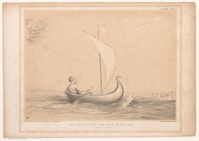 Spotprent se setkal s lordem Russellem v een zeilboot Plachtění před větrem, s Breakers napřed. Úzký únik (nadpis na objektu) HB Sketches (název série na objektu) od John Doyle