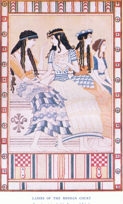 Ladies of the Minoan Court , ilustrace z mýtů Kréty a hospody Prehelénská Evropa. od Gresham Publishing Company Limited 20. léta (barevné lito) od John Duncan