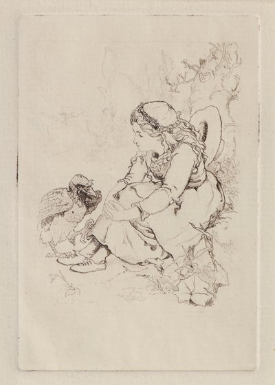 Sedící dívka a velký pták (lept) od John Duncan