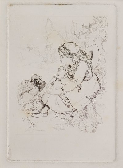 Sedící dívka a velký pták (lept) od John Duncan