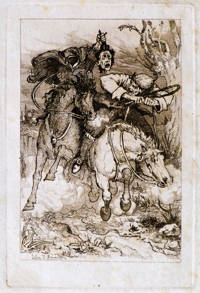Dva cválající jezdci [jeden s vlastní hlavou] (lept) od John Duncan