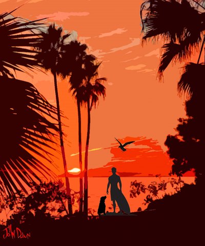 Surfařský pes – Tropický západ slunce od John Dunn