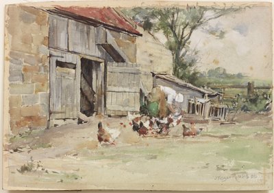 Krmení slepic, 1909 (čb na papíře) od John Edgar Mitchell