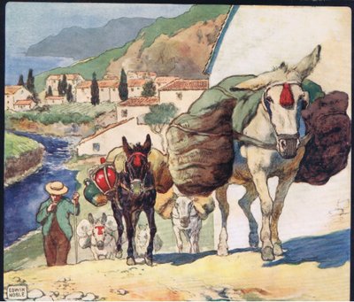 Mezci na španělském průsmyku, ilustrace z „Helpers Without Hands“ od Gladys Davidson, vydané v roce 1919 (barevné lito) od John Edwin Noble