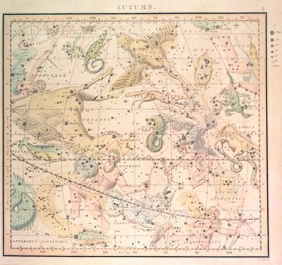 Nebeská mapa: Podzim, ukazující znamení zvěrokruhu a postavení hvězd (rytina) od John Emslie