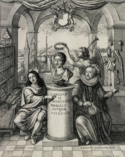Karel II. (1630-85) jako patron Královské společnosti, vyryl Václav Hollar (1607-77) 1667 od John Evelyn
