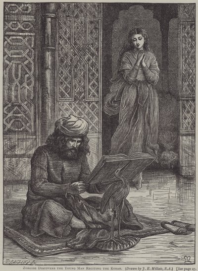 Zobeide objeví mladého muže recitujícího Korán (rytina) od John Everett (after) Millais