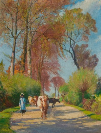 Country Lane s postavou a krávou (olej na palubě) od John Everett