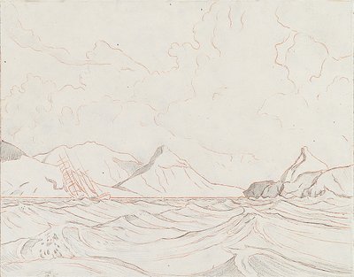 Mořská krajina s plavidlem míjejícím pevninu (1), počátek 20. století (grafit, hnědá pastelka) od John Everett