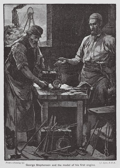 George Stephenson a model jeho prvního motoru (barevná litografie) od John Eyre