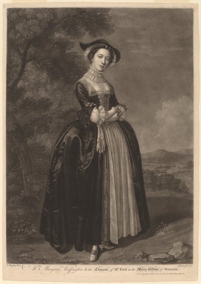 Paní Margaret Woffington v Postavě paní Fordové ve Veselých paničkách z Windsoru od John Faber II after Edward Haytley