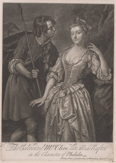 Oslavovaná paní Cliveová, zesnulá slečna Rafterová, v postavě Philidy od John Faber the younger