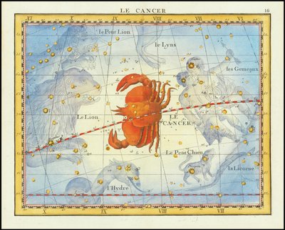 Mapa souhvězdí Raka a sousedních souhvězdí z roku 1776 z Fortinova Atlasu Celeste de Flamsteed od John Flamsteed