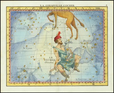 Hvězdná mapa souhvězdí Camelopardal  Auriga a sousedních souhvězdí z roku 1776 z Fortinova Atlasu Celeste de Flamsteed od John Flamsteed