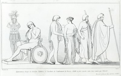 Agamemnon obvinil heroldy Taltibia a Euribata z únosu Briseis; Achilles ji nechal předat do jejich rukou Patroklesem. Kresba Johna Flaxmana (1755 - 1826). Homérova Ilias. Zpěv I od John Flaxman