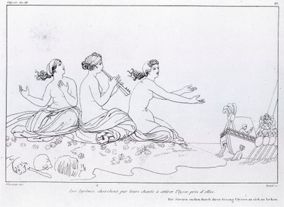 Mořské panny se snaží svou písní přilákat Odyssea. Kresba Johna Flaxmana (1755 - 1826). Homérova odysea. Píseň XII. od John Flaxman