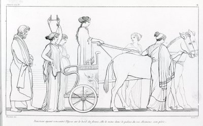 Nausicaa, která se právě setkala s Ulyssesem, ho vezme zpět do paláce jeho otce, krále Alkinoose. Kresba Johna Flaxmana (1755 - 1826). Homérova odysea. Píseň VI. od John Flaxman