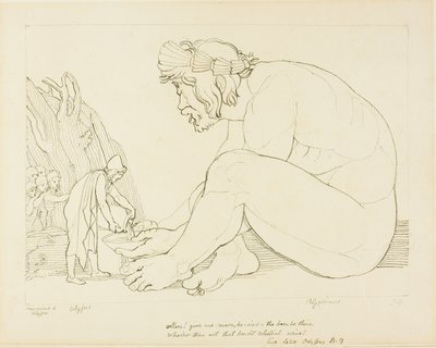 Polyfémus prosí Odyssea o další víno od John Flaxman