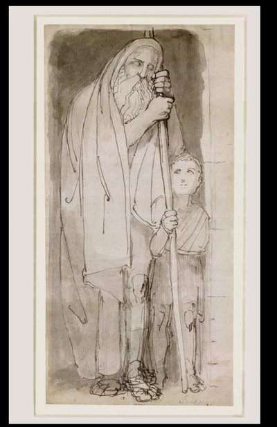 Slepý Tiresias a chlapec (tužka, tuš a wash na papíře) od John Flaxman