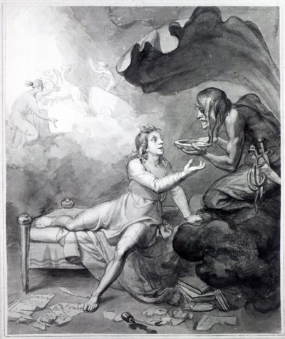 Thomas Chatterton dostává od Zoufalství misku jedu (pero, inkoust a mytí na papíře) od John Flaxman