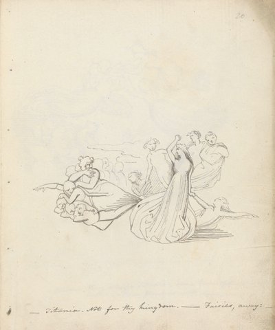 Titania. Ne pro tvé království. - Fairies away, 1783 (pero, inkoust a mytí na papíře) od John Flaxman
