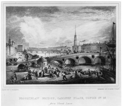 Broomielaw Bridge, Carlton Place, Clyde St., Glasgow, rytý Joseph Swan, 1830 (rytina) od John Fleming