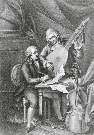 Portrét Franze Josepha Haydna (1732-1809) a Wolfganga Amadea Mozarta (1756-91) skládající hudbu pro loutnu, vyryl Michele Benedetti (1745-1810) od John Francis Rigaud