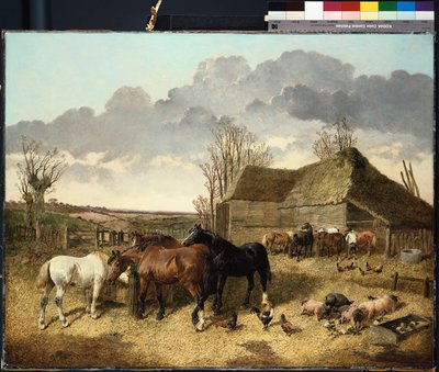 Koně jedí z jesliček, s prasaty a slepicemi na farmě od John Frederick Herring Junior