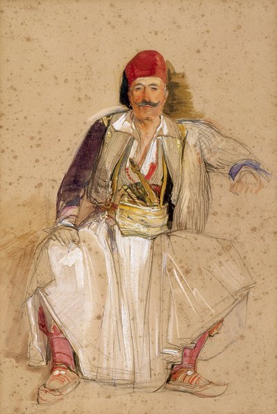 Sedící válečník Corfiote (akvarel přes tužku na špinavě bílém papíře) od John Frederick Lewis